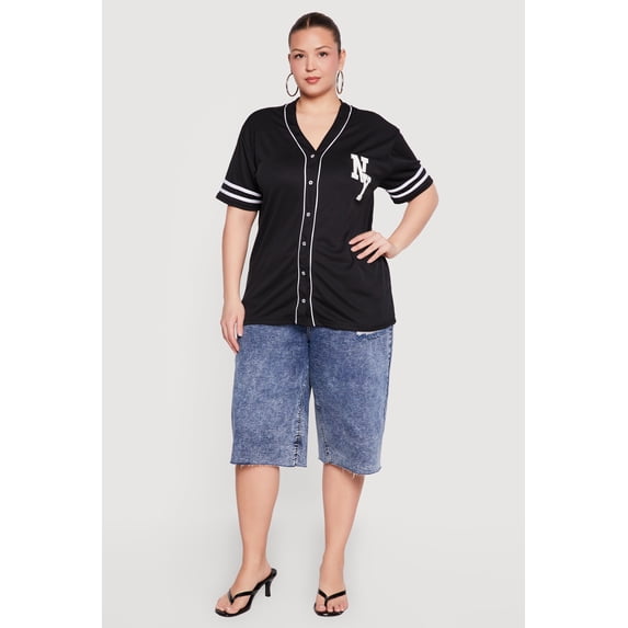 Women's Plus Size Chenille NY Patch Graphic Varsity Stripe Baseball Jersey