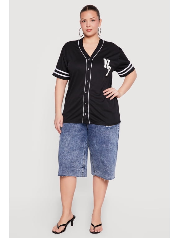 Women's Plus Size Chenille NY Patch Graphic Varsity Stripe Baseball Jersey