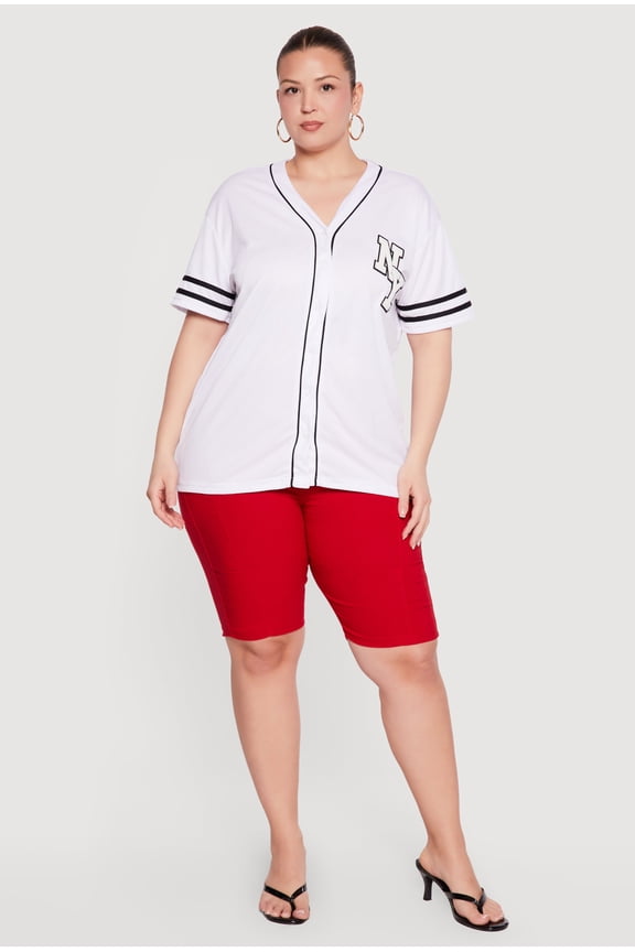 Women's Plus Size Chenille NY Patch Graphic Varsity Stripe Baseball Jersey