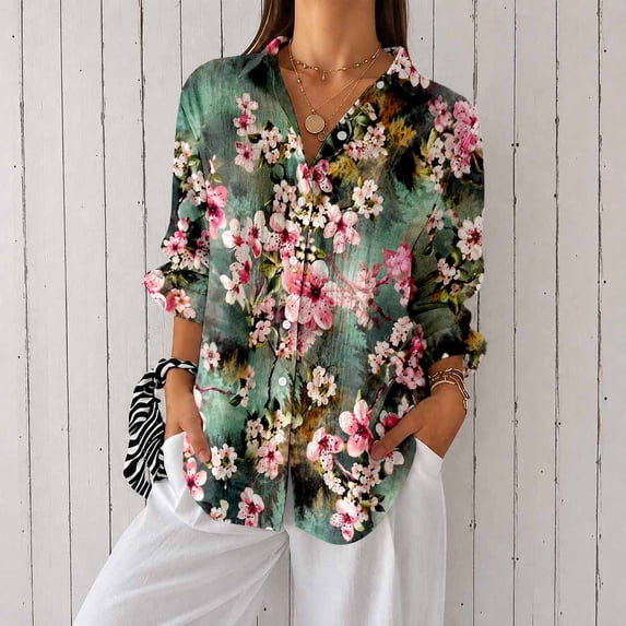 Women's Plus Size Cherry Blossom Print Button Down Shirt, Long Sleeve Collared Casual Blouse