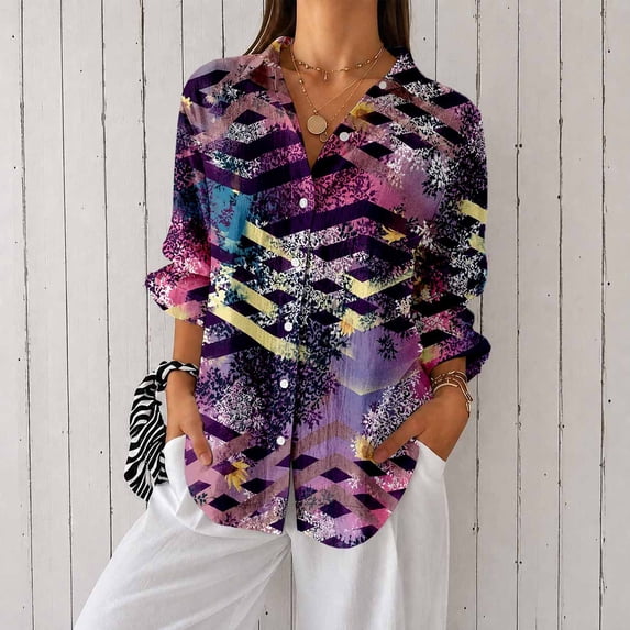 Women's Plus Size Chevron Abstract Print Button Down Shirt, Long Sleeve Collared Casual Blouse
