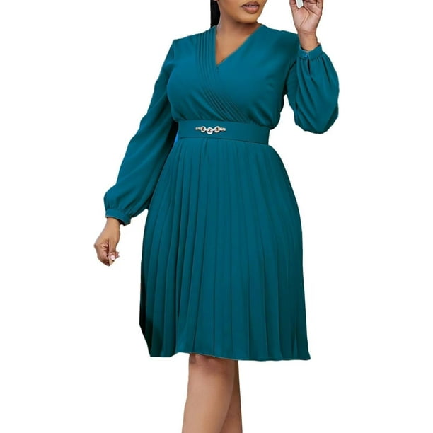 ZANKLEY Women's Plus Size Chiffon Long Sleeve Elastic Waist A-Line Knee Length Wedding Guest Dresses Pleated Long Dress, Size: XL, Green