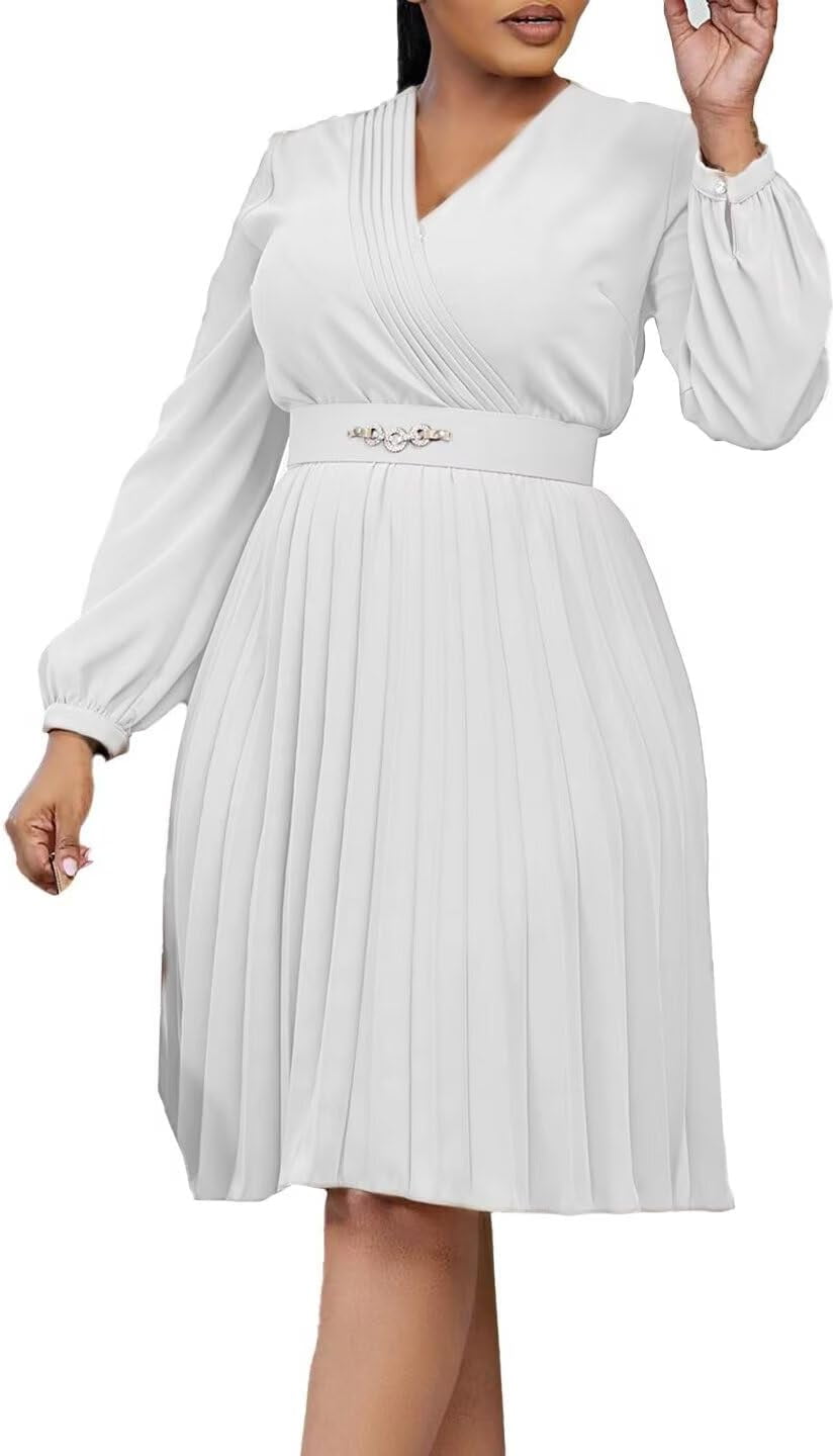 ZANKLEY Women's Plus Size Chiffon Long Sleeve Elastic Waist A-Line Knee Length Wedding Guest Dresses Pleated Long Dress, Size: Large, White