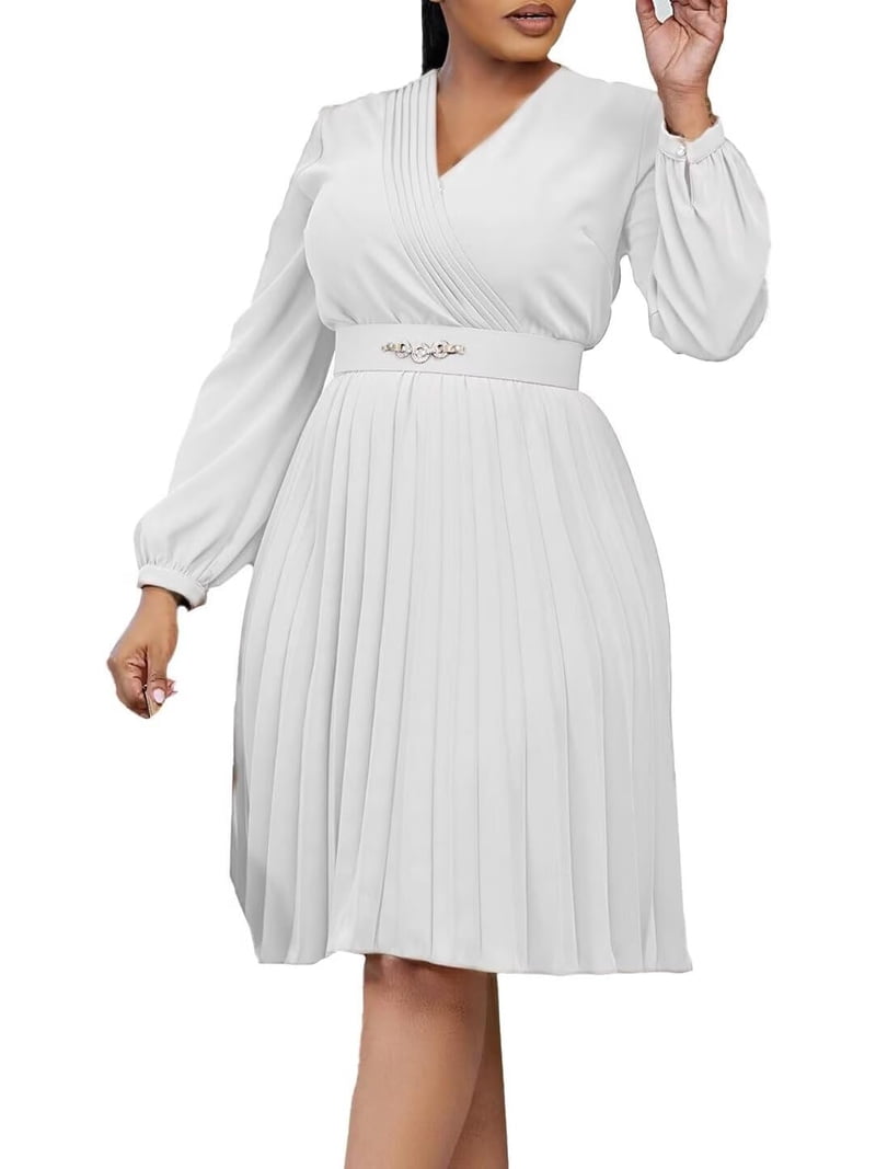 Women's Plus Size Chiffon Long Sleeve Elastic Waist A-Line Knee Length  Wedding Guest Dresses Pleated Long Dress - Walmart.com