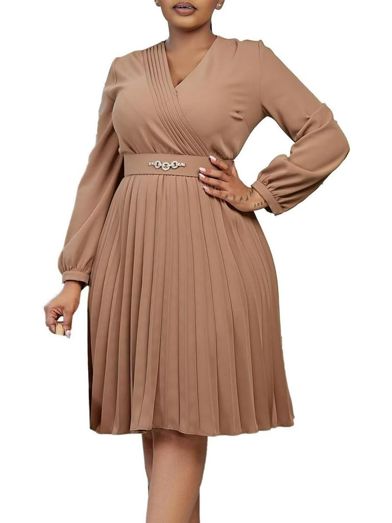 Women's Plus Size Chiffon Long Sleeve Elastic Waist A-Line