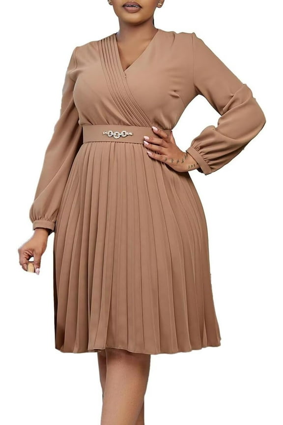 Women's Plus Size Chiffon Long Sleeve Elastic Waist A-Line Knee Length Wedding Guest Dresses Pleated Long Dress