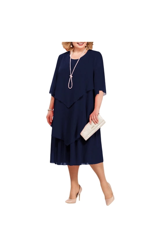 Women's Plus Size Chiffon Medi Dress, Tiered Overlay Mother of the Bride Dresses, Elegant Half Sleeve Wedding Guest Cocktail Formal Gown