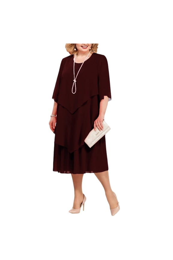 Women's Plus Size Chiffon Medi Dress, Tiered Overlay Mother of the Bride Dresses, Elegant Half Sleeve Wedding Guest Cocktail Formal Gown
