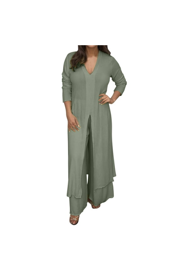 Women's Plus Size Chiffon Two Piece Set - V Neck Long Sleeve Top + Trousers, Beach Suit, Slit Design, for Spring Summer