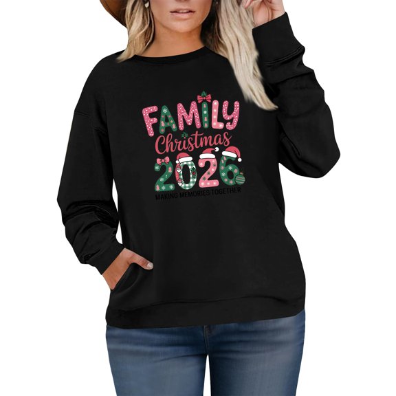 Women's Plus Size Christmas 2026 New Year Printed Sweatshirt, Long Sleeve Casual Pullover Top, FAMILY christmas MAKING MEMORIES TOGETHER Graphic Hoodie,Black,L