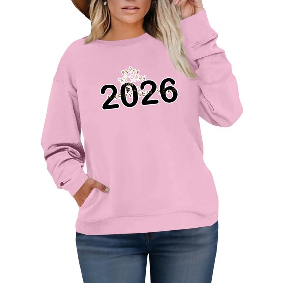 Women's Plus Size Christmas 2026 New Year Printed Sweatshirt, Long Sleeve Casual Pullover Top, HAPPY NEW YEAR Graphic Fashion Hoodie,Pink,L