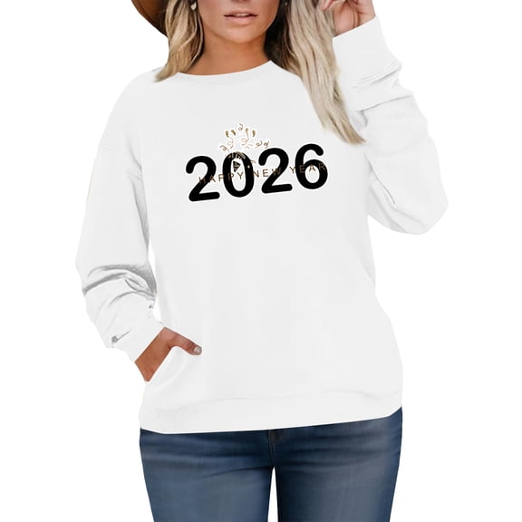 Women's Plus Size Christmas 2026 New Year Printed Sweatshirt, Long Sleeve Casual Pullover Top, HAPPY NEW YEAR Graphic Fashion Hoodie,White,L