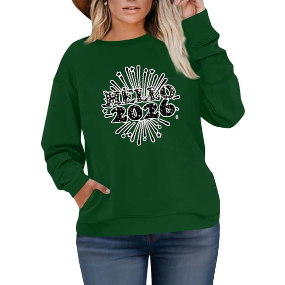 Women's Plus Size Christmas 2026 New Year Printed Sweatshirt, Long Sleeve Casual Pullover Top, HELLO Graphic Fashion Hoodie,Green,L