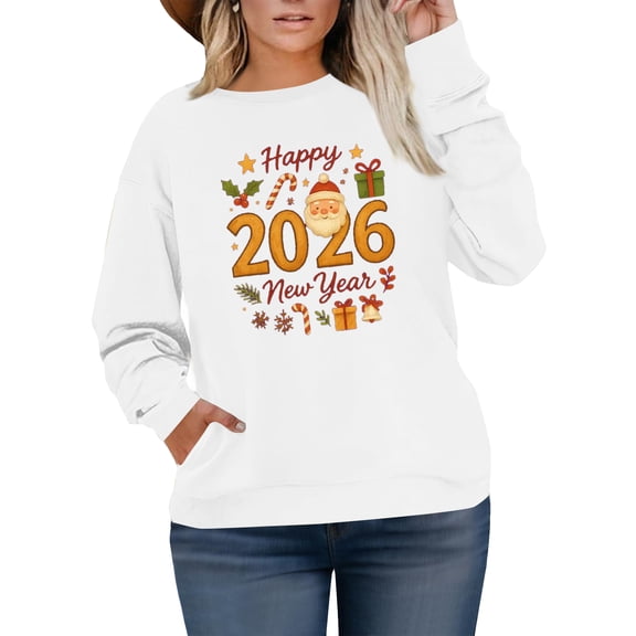 Women's Plus Size Christmas 2026 New Year Printed Sweatshirt, Long Sleeve Casual Pullover Top, Happy new year Graphic Fashion Hoodie,White,XL