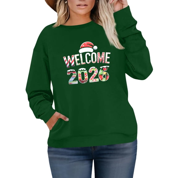 Women's Plus Size Christmas 2026 New Year Printed Sweatshirt, Long Sleeve Casual Pullover Top, WELCOME Graphic Fashion Hoodie,Green,L