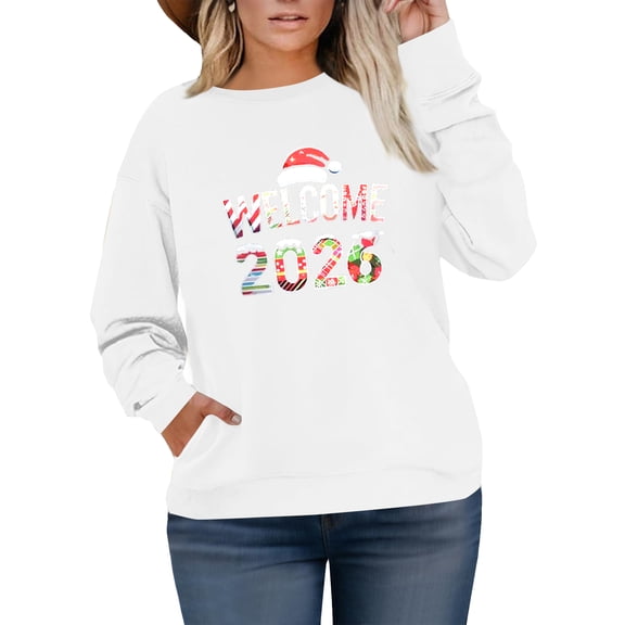 Women's Plus Size Christmas 2026 New Year Printed Sweatshirt, Long Sleeve Casual Pullover Top, WELCOME Graphic Fashion Hoodie,White,4XL