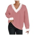 thumbnail image 1 of Women's Plus Size Christmas Casual V Neck Fringed T Shirt Long Sleeve Sweater Top Loose Fit Holiday Party Comfortable Blouse, 1 of 2