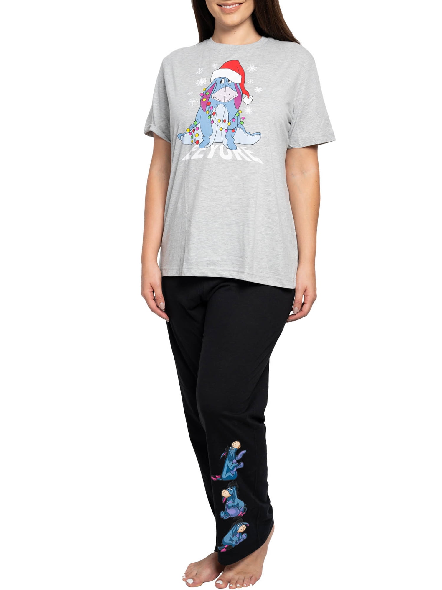 Women s Plus Size Christmas Eeyore Pajamas Shirt Gray Black Lounge Pants Set
