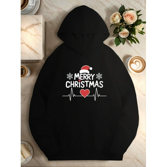 Women's Plus Size Christmas Hoodie – Heartbeat Joy Graphic Pullover, Soft Fleece Long Sleeve Sweatshirt for Holiday & Winter Casual Wear