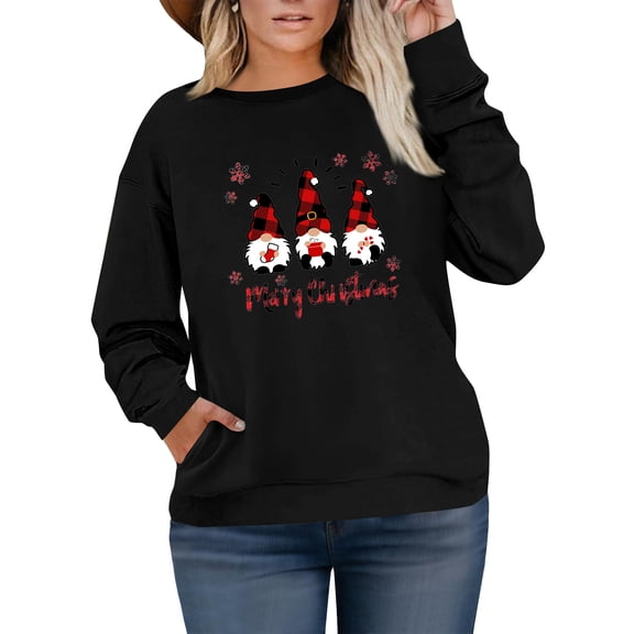 Women's Plus Size Christmas Printed Sweatshirt, Long Sleeve Casual Pullover Top, MERRY CHRISTMAS Graphic Fashion Hoodie,Black,L