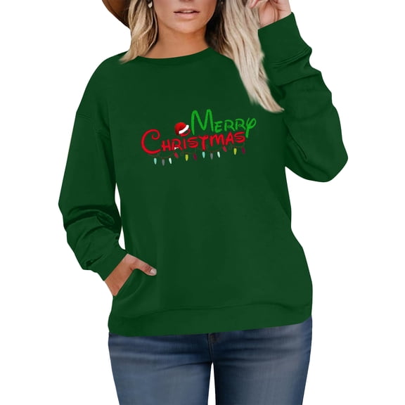 Women's Plus Size Christmas Printed Sweatshirt, Long Sleeve Casual Pullover Top, MERRY CHRISTMAS Graphic Fashion Hoodie,Green,2XL