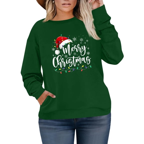 Women's Plus Size Christmas Printed Sweatshirt, Long Sleeve Casual Pullover Top, MERRY CHRISTMAS Graphic Fashion Hoodie,Green,L
