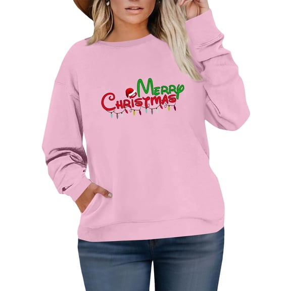 Women's Plus Size Christmas Printed Sweatshirt, Long Sleeve Casual Pullover Top, MERRY CHRISTMAS Graphic Fashion Hoodie,Pink,L