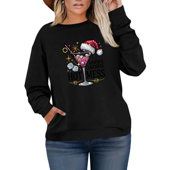 Women's Plus Size Christmas Printed Sweatshirt, Long Sleeve Casual Pullover Top, SANTA'S FAVORITE HOTMESS Graphic Fashion Hoodie,Black,L
