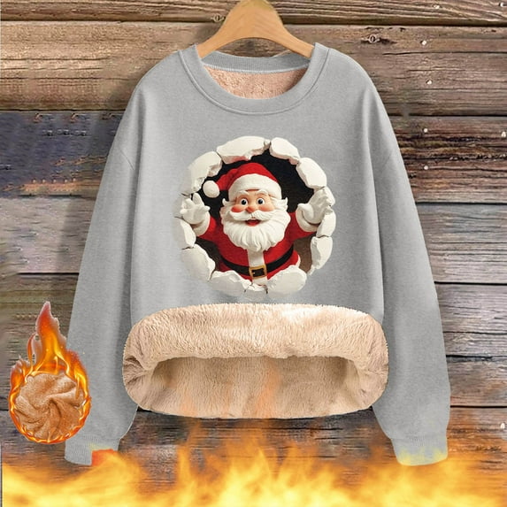 Women's Plus Size Christmas Printed Sweatshirt Long Sleeve Round Neck Fleece Lined Warm Holiday Party Wear Casual Pullover