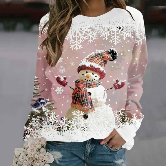 Women's Plus Size Christmas Shirt Long Sleeve Round Neck Top with Snowman & Snowflake Print Comfortable Casual Holiday Wear