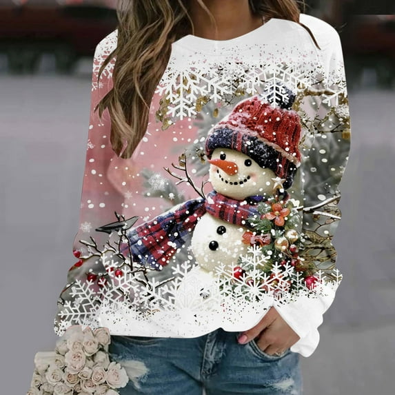 Women's Plus Size Christmas Shirt with Snowman Snowflake Print Long Sleeve Round Neck Comfortable Top