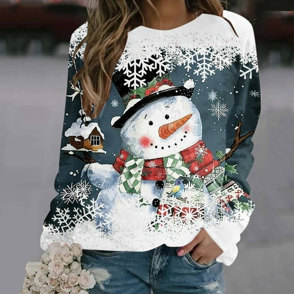 Women's Plus Size Christmas Shirt with Snowman Snowflake Print Long Sleeve Round Neck Comfortable Top