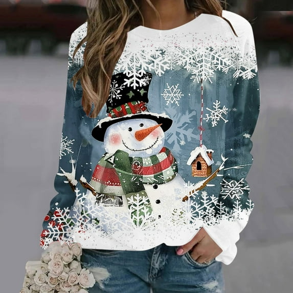 Women's Plus Size Christmas Shirt with Snowman Snowflake Print Long Sleeve Round Neck Comfortable Top