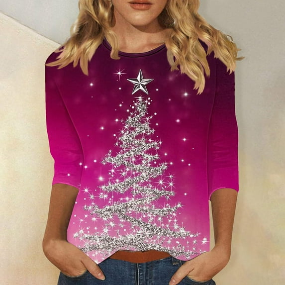 Women's Plus Size Christmas Tree Print Top with 3/4 Sleeve Round Neck Loose Fit for Holiday Casual Wear