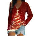 thumbnail image 1 of Women's Plus Size Christmas V-Neck T-Shirt - Snowman Santa Tree Print Long Sleeve Blouse, Breathable Loose Holiday Top for Parties/Gifting, 1 of 4
