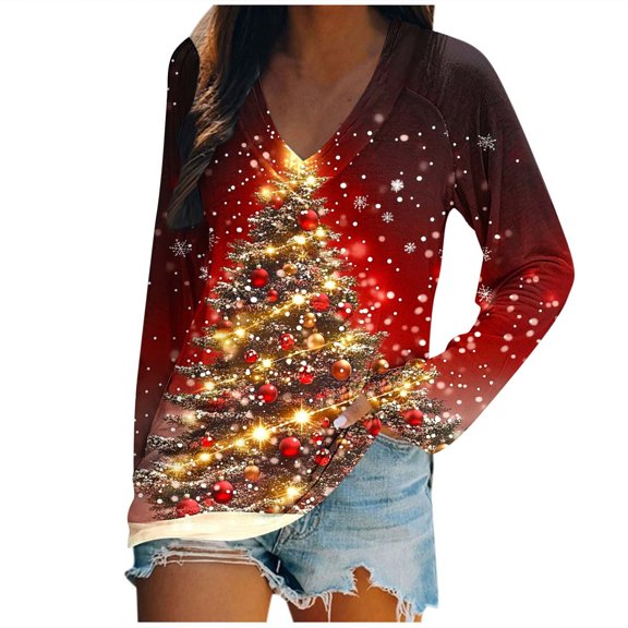 Women's Plus Size Christmas V-Neck T-Shirt - Snowman Santa Tree Print Long Sleeve Blouse, Breathable Loose Holiday Top for Parties/Gifting