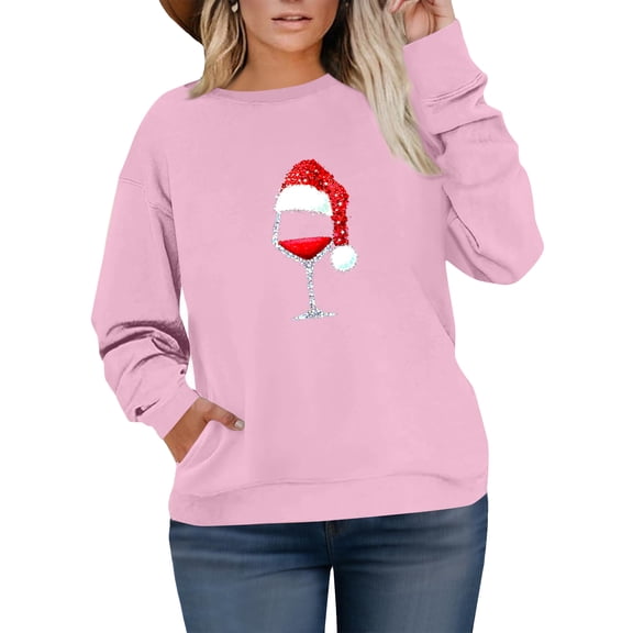 Women's Plus Size Christmas Wine Glass Printed Sweatshirt, Long Sleeve Casual Pullover Top, Holiday Celebration Graphic Fashion Hoodie,Pink,2XL