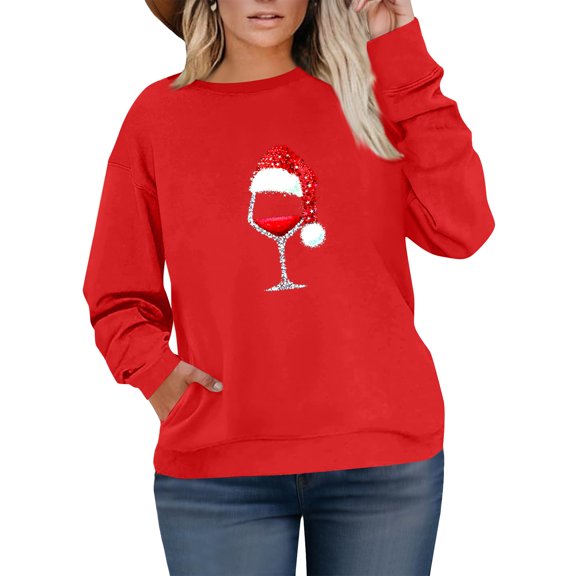 Women's Plus Size Christmas Wine Glass Printed Sweatshirt, Long Sleeve Casual Pullover Top, Holiday Celebration Graphic Fashion Hoodie,Red,L