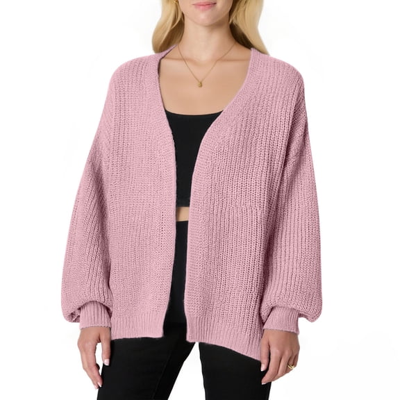 Women's Plus Size Chunky Knit Cardigan, Oversized Open Front Sweater, Long Sleeve Casual Duster, Lightweight Loose Fit Coat, Fall Layering Piece Pink XXL