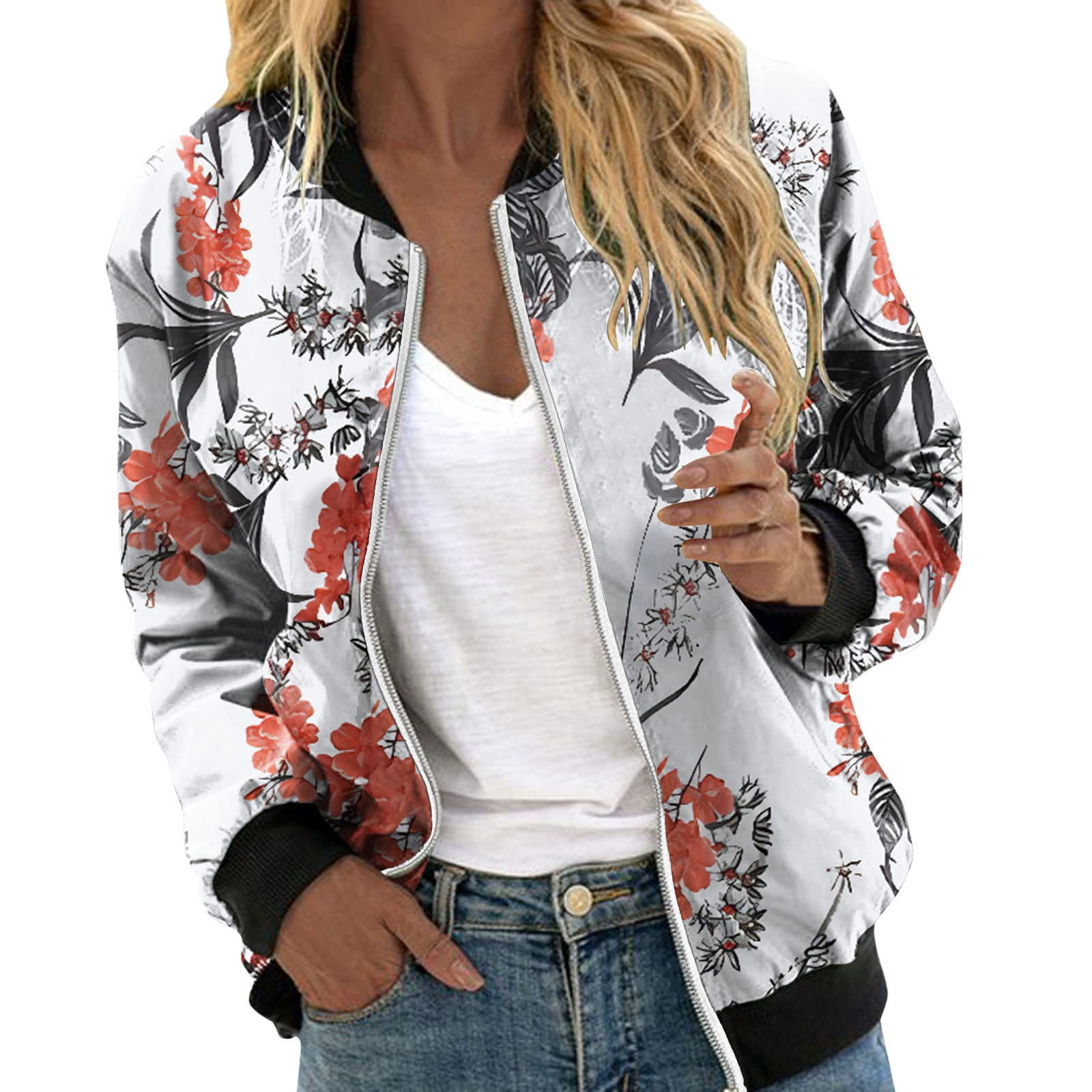Women s Plus Size Classic Biker Jacket Fall Fashion 2023 Clothes Winter Crop Tops Outerwears Floral Printing Bomber Jacket Zip Up Cardigan Red XXXL