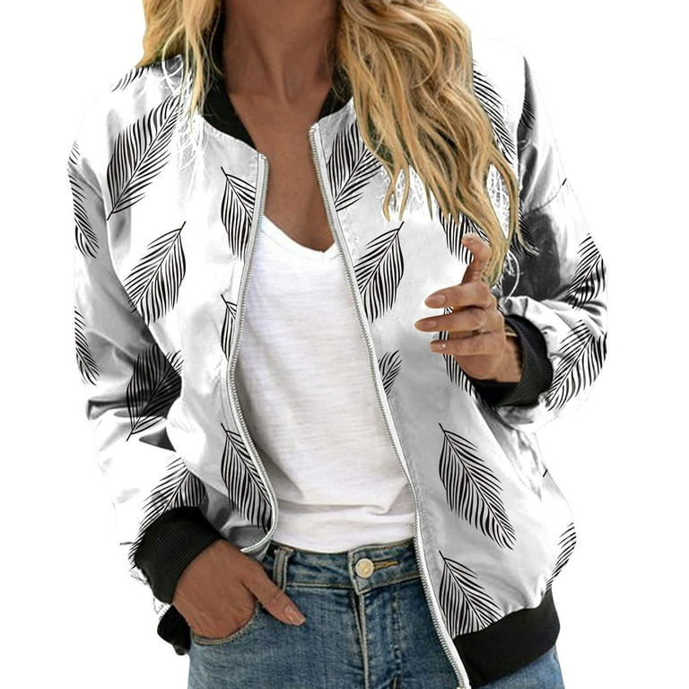 Women's Plus Size Classic Biker Jacket Fall Fashion 2023 Clothes Winter  Crop Tops Outerwears Floral Printing Bomber Jacket Zip Up Cardigan White  XXXL 