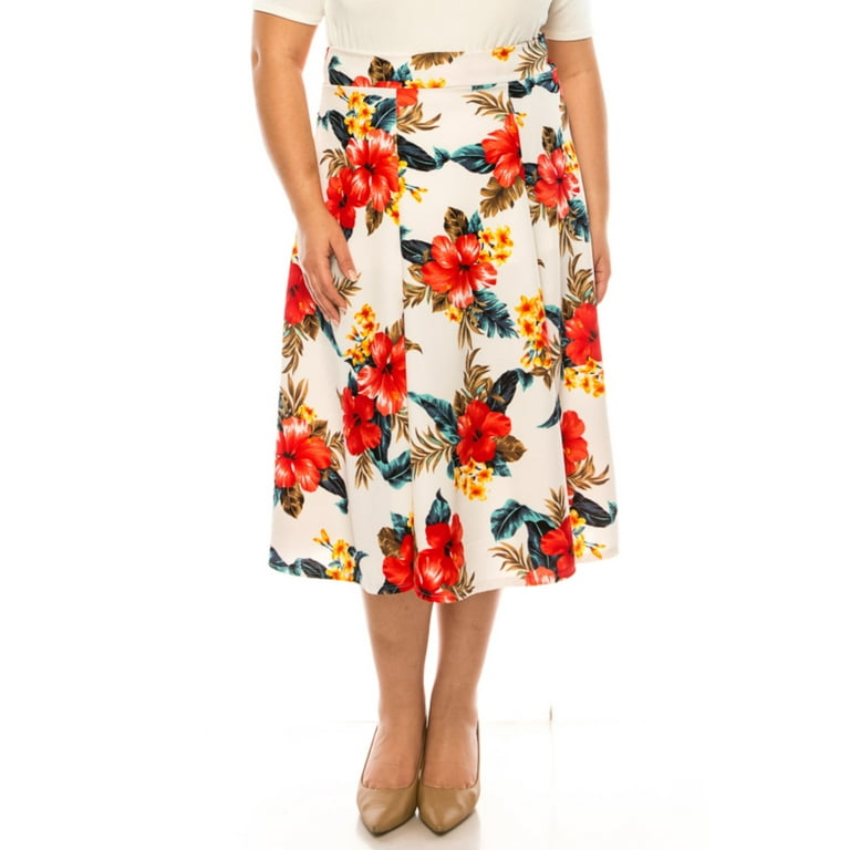 Women s Plus Size Classic Floral Print Flared Lightweight Midi A line Skirt Walmart