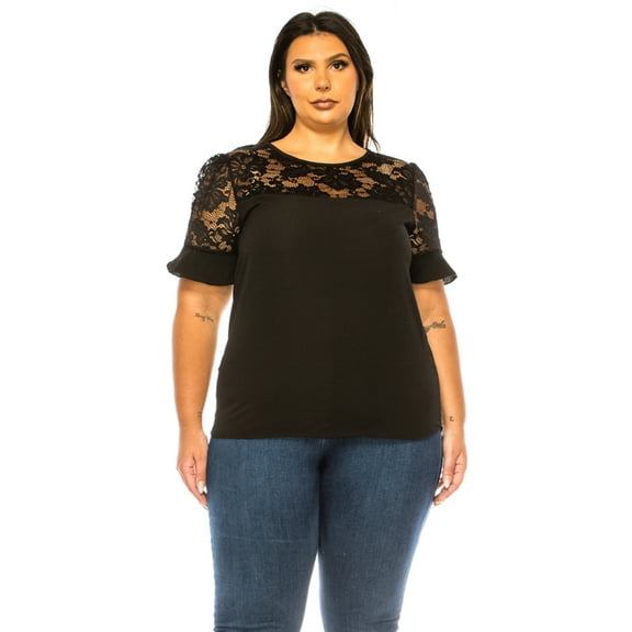Women's Plus Size Classic Solid Top with Lace Accent - Casual and Elegant