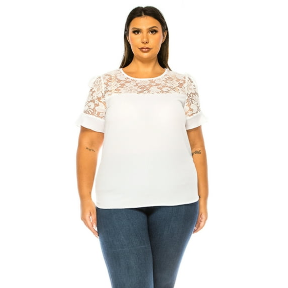 Women's Plus Size Classic Solid Top with Lace Accent - Casual and Elegant