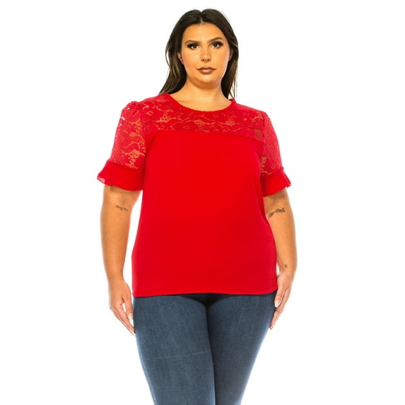 Women's Plus Size Classic Solid Top with Lace Accent - Casual and Elegant