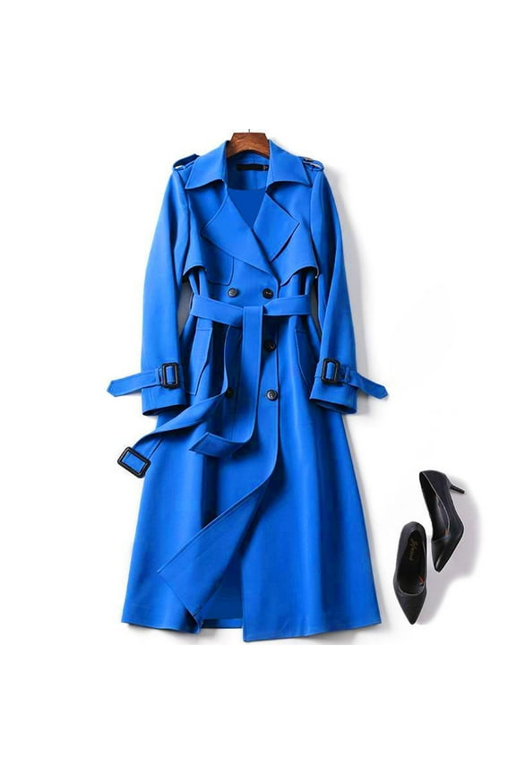 Women's Plus Size Classic Trench Coat, Mid-Length Over Knee Windbreaker, British Style Drawstring Waist Jacket, Slim Fit Overcoat, Casual Outerwear Blue XXL