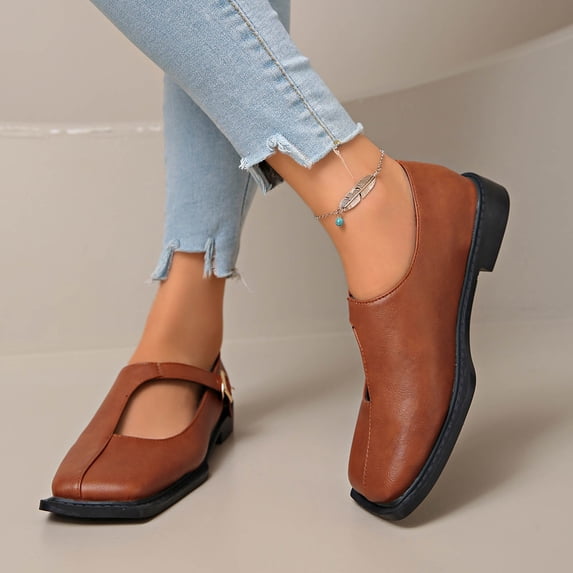 Women’s Plus Size Closed Toe Heels, Fashionable T-Strap Leather Flats, Comfortable Slip Resistant Shoes, Versatile Spring Summer Casual Outdoor Footwear Brown