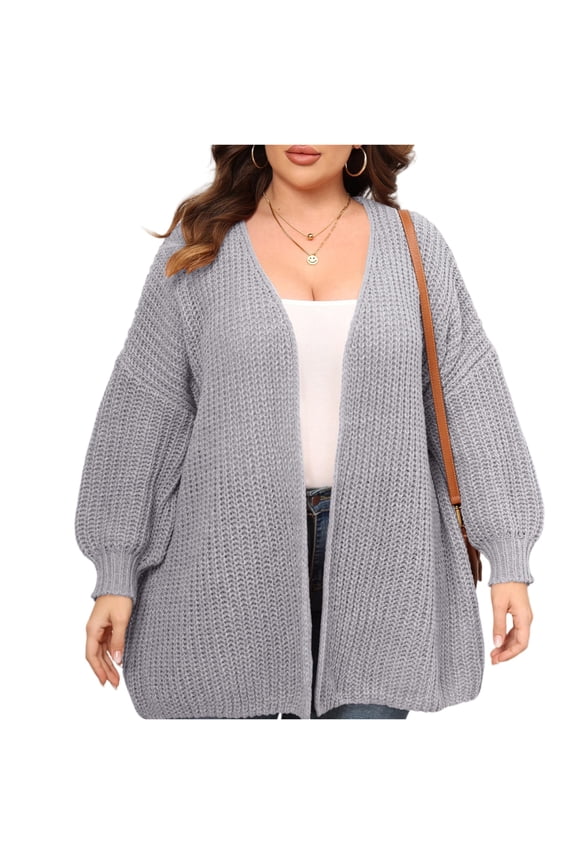 Women's Plus Size Coarse-Knit Woolen Sweater Cardigan, Fashion Loose Jacket, Gray, Size XL