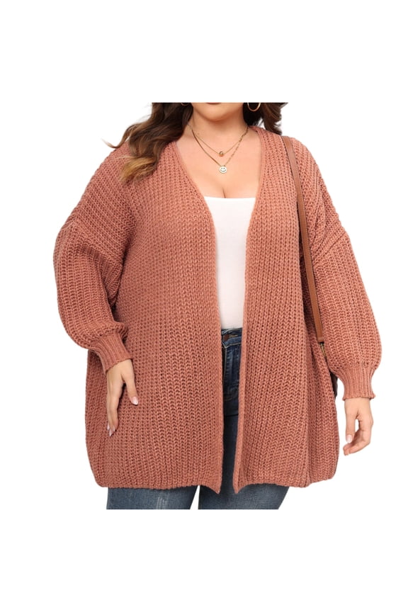 Women's Plus Size Coarse-Knit Woolen Sweater Cardigan, Fashion Loose Jacket, Light Brown, Size XXL