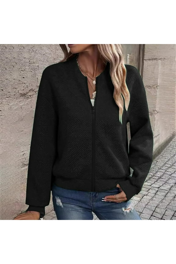 Women's Plus Size Coarse Knitted Baseball Jacket with Zipper and Long Sleeve for Casual Wear